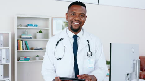 face, black man and doctor with tablet