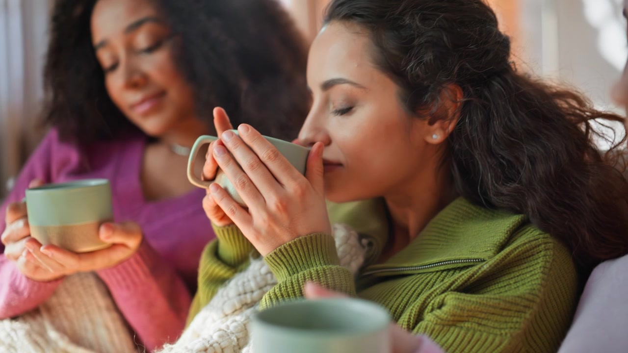 Relaxed besties holding coffee relaxing home couch closeup. Calm serene women