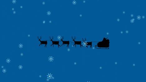 Animation-of-santa-claus-in-sleigh-with-reindeer-over-snow-falling-on-blue-background