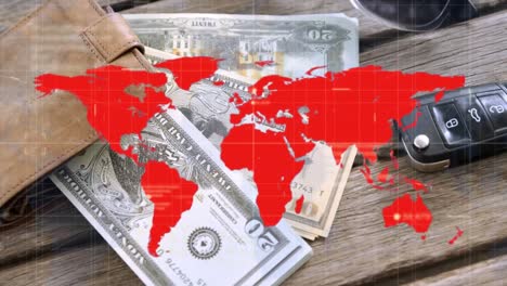 Animación-Del-Procesamiento-De-Datos-Sobre-El-Mapa-Mundial-Contra-Billetera,-Llaves-De-Auto-Y-Billetes-De-Dólares-Estadounidenses