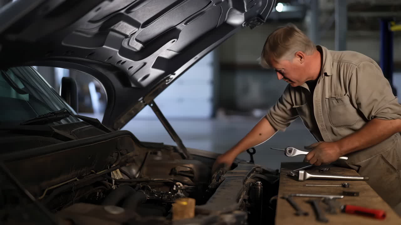 차고 에서 자동차 엔진 을 수리 하는 기계공