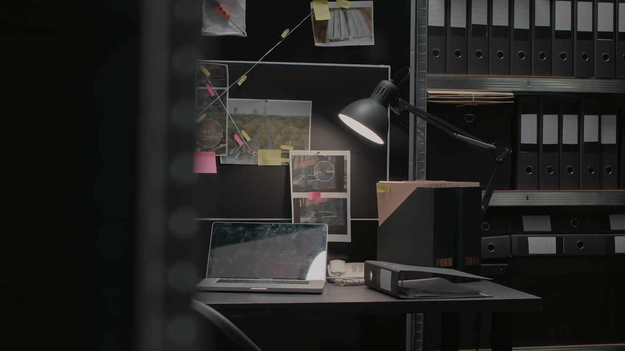 Detective's Office with Evidence Board and Laptop