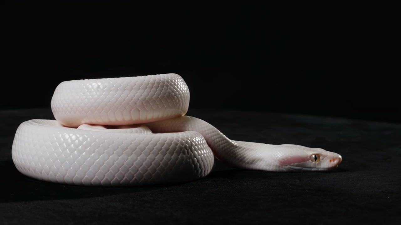 Il fotogramma centrale mostra un serpente bianco ordinatamente arrotolato su uno sfondo nero intenso. Le squame lucide catturano la sottile illuminazione dello studio, creando una natura morta calma e minimalista.