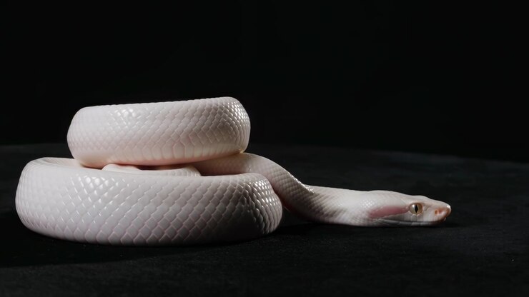 Middle frame shows a white snake neatly coiled on a deep black backdrop. Glossy scales catch subtle studio lighting, creating a calm, minimalist still life