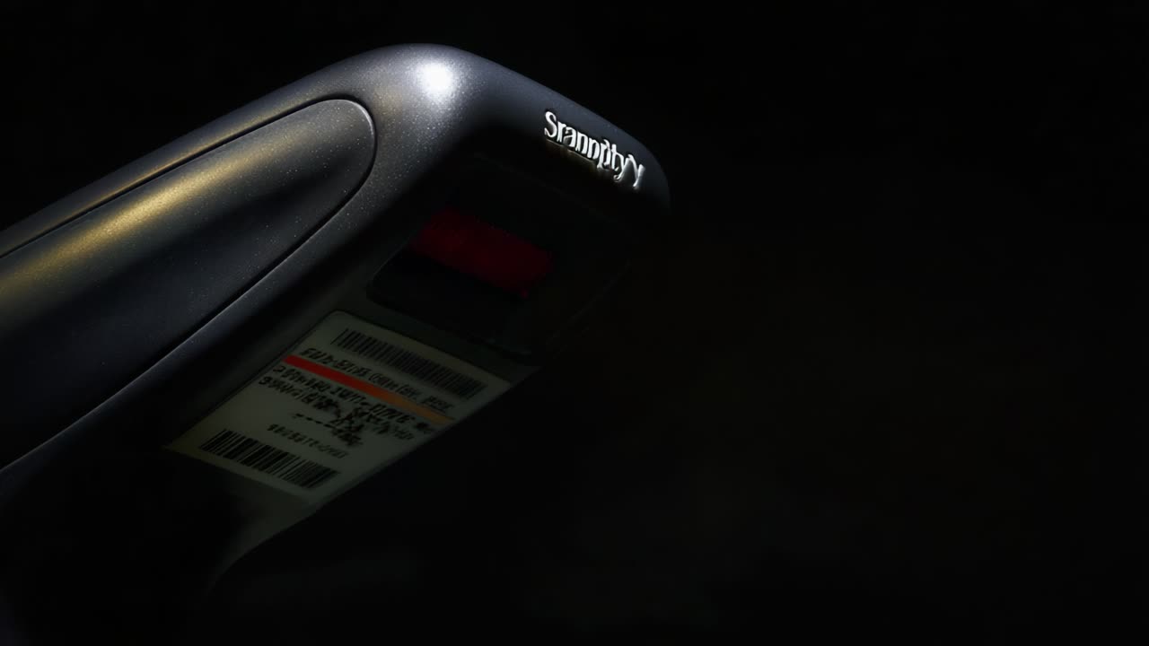 A high-contrast image of a barcode scanner emitting an orange laser beam, capturing the essence of modern retail and inventory management technology in action