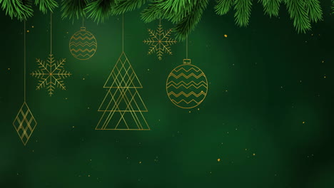 árbol de navidad, adornos y copos de nieve animación sobre fondo verde con ramas de pino