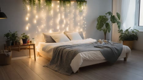 cozy bedroom with string lights and plants