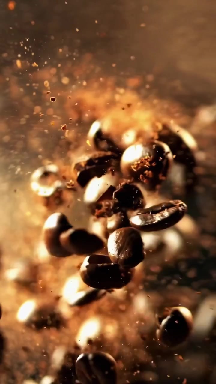 Fagioli di caffè arrostiti che cadono al rallentatore