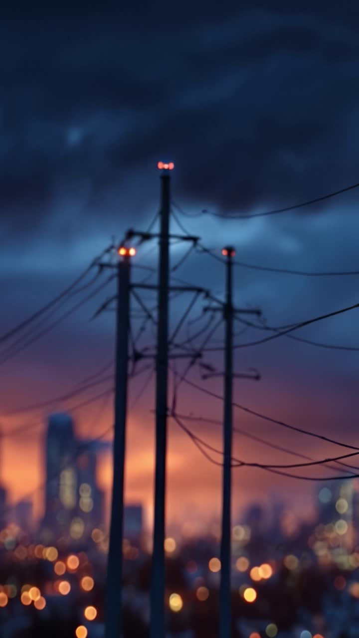 Illuminated Power Lines Against a Dusk Sky Showcasing the City Lights and Urban Landscape in a Captivating Evening Atmosphere with a Glimpse of Darkness