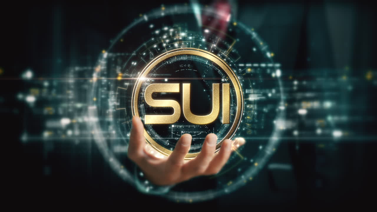 A visionary businessman extends his hand, unveiling a vibrant futuristic holographic display showcasing global crypto trading, business analytics, stock exchanges, and market trends : SUI