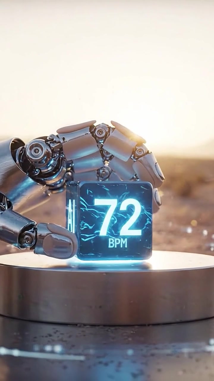 A futuristic robotic hand delicately holds a glowing cube displaying AI and BPM, showcasing advanced technology in motion amidst a serene landscape.