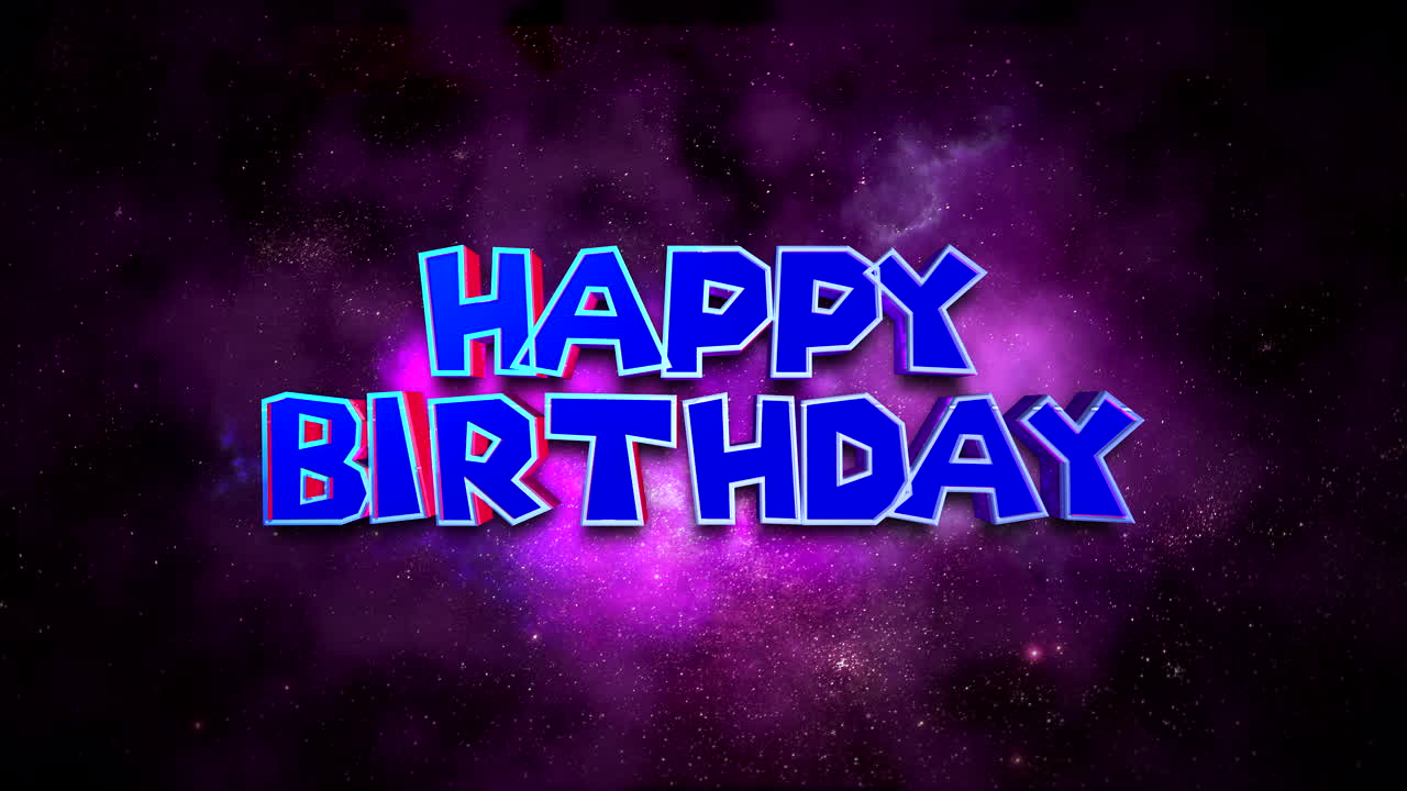 texto de feliz cumpleaños de cine retro en galaxia con estrellas y nubes