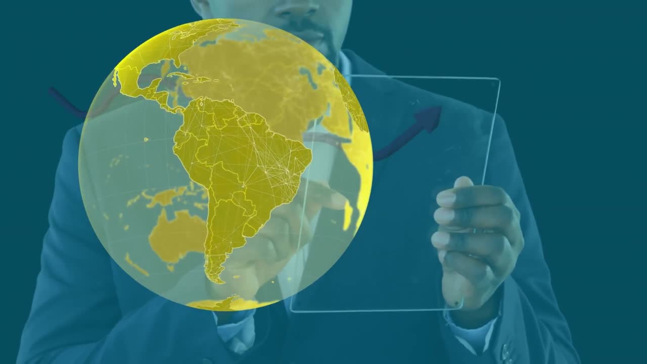 animación del globo sobre el hombre de negocios usando la tableta