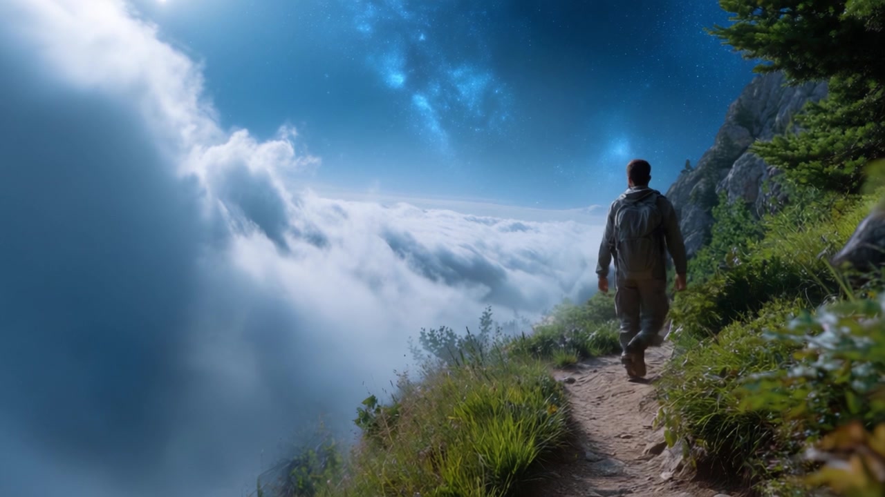 A solitary traveler embarks on an enchanting journey through a mystical landscape, surrounded by clouds and a breathtaking night sky filled with stars.
