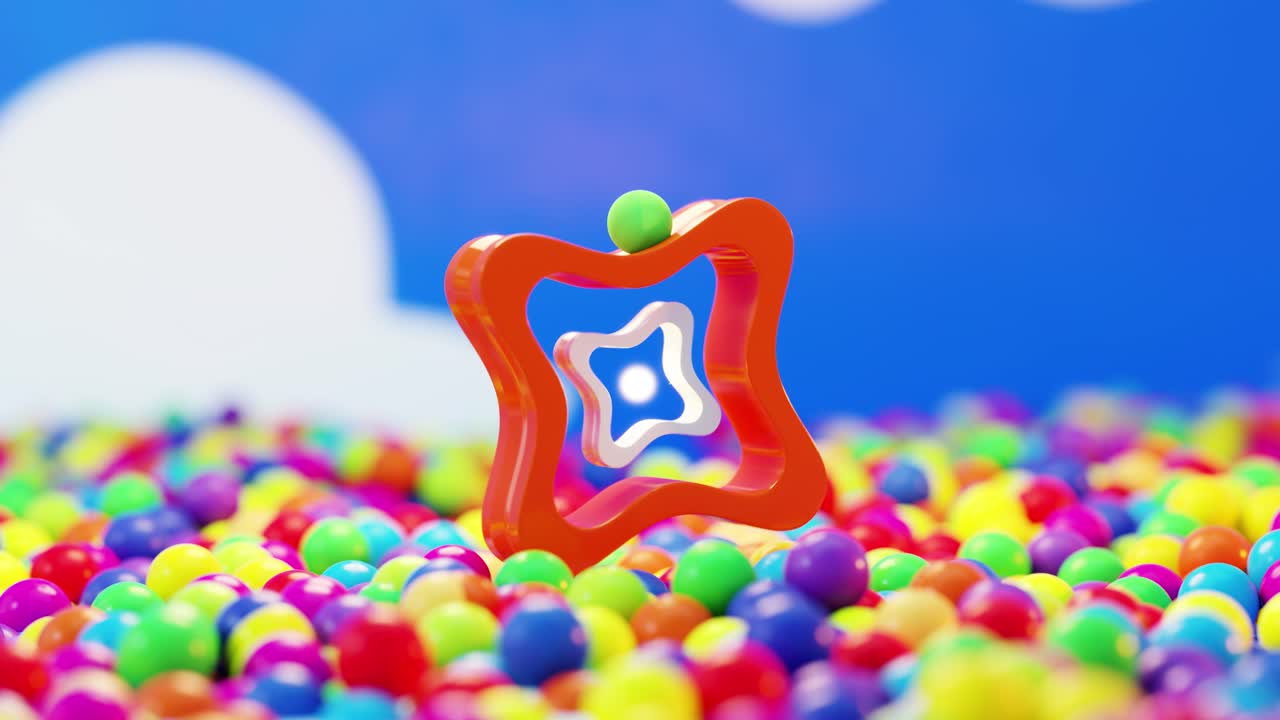 3D rendering of ball rolling on red gear above colorful candy balls