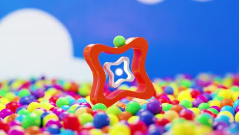 3d rendering of ball rolling on red gear above colorful candy balls
