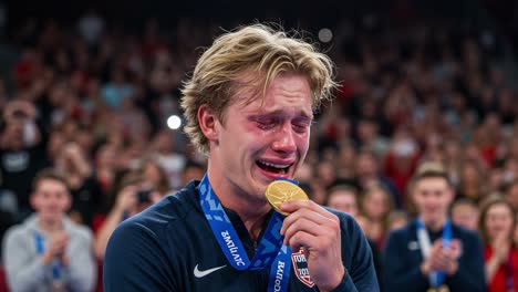 an emotional victory: a young athlete celebrates with tears of joy after winning a gold medal amidst a thrilling sports competition atmosphere