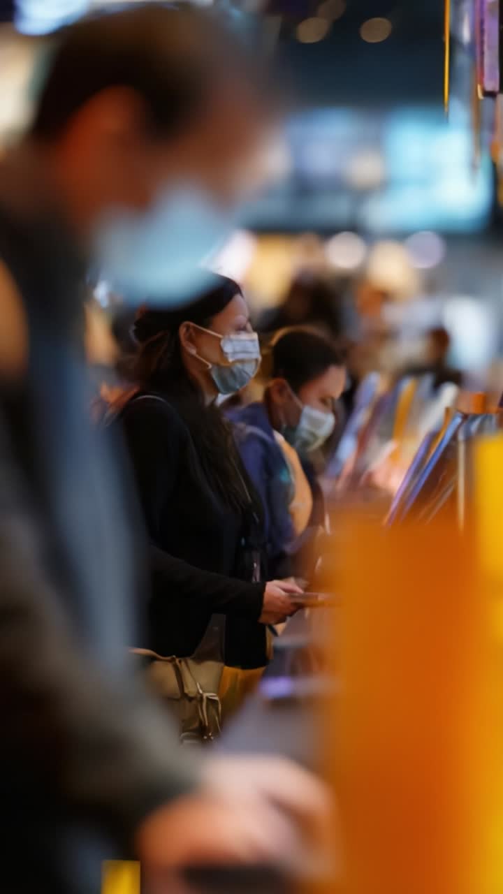 People Wearing Masks While Engaging with Touchscreen Devices in a Social Environment During a Busy Indoor Setting