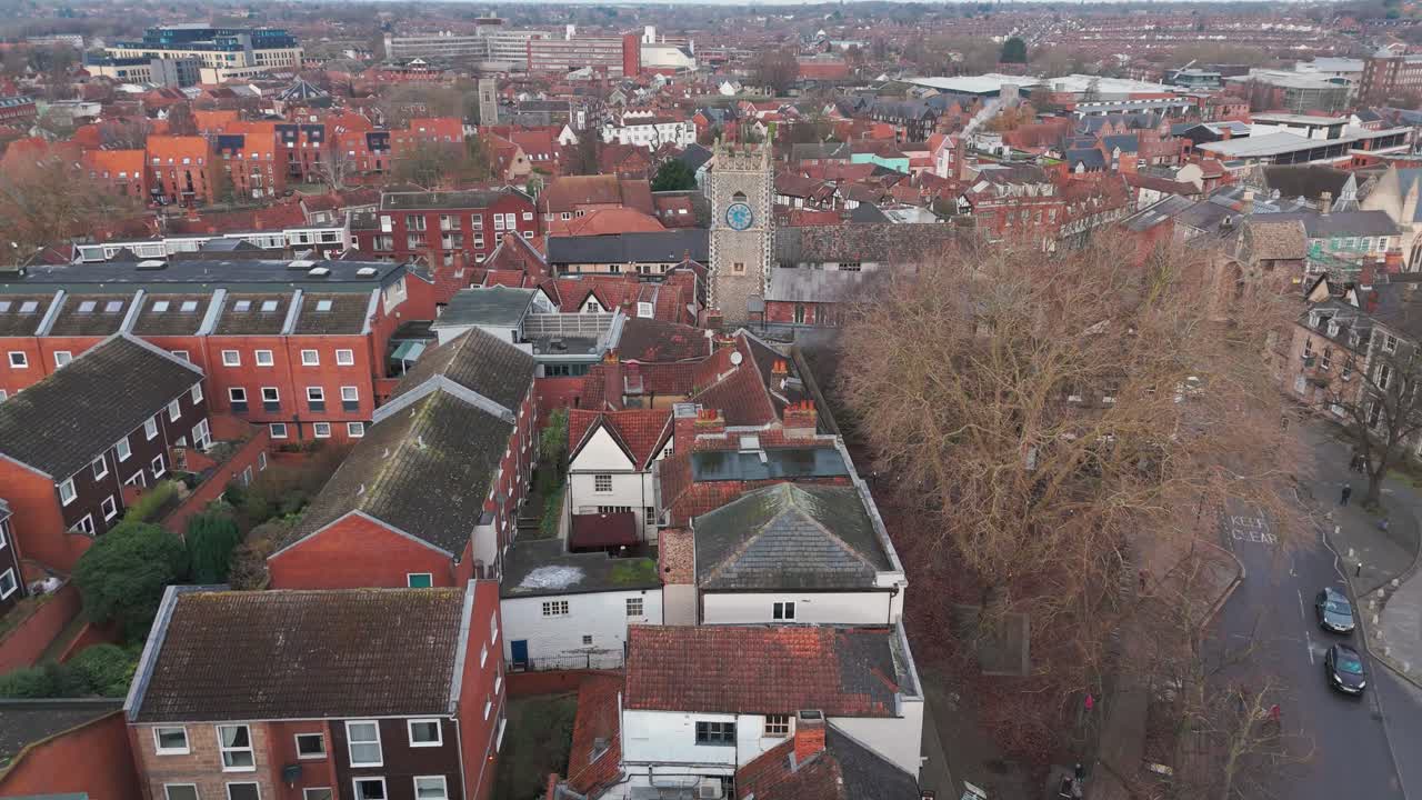 Norwich streets, old churches, shops, and turrets in norfolk, uk, aerial view