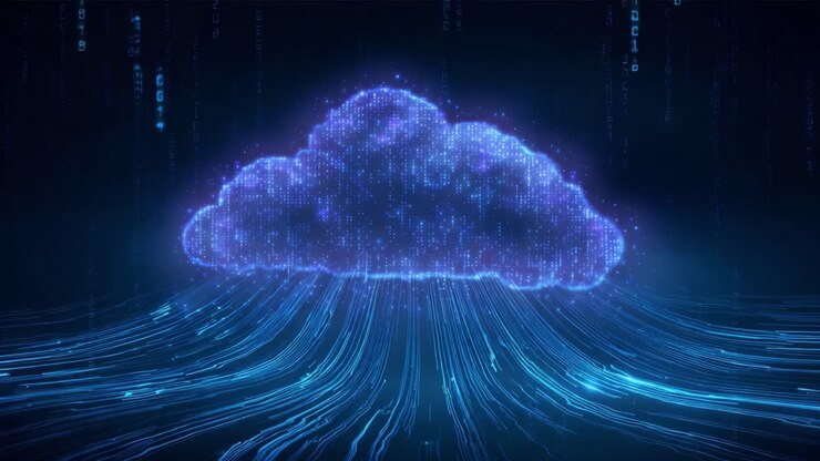 Ícone de nuvem digital feito de partículas brilhantes processando e transferindo fluxos de informações binárias que representam armazenamento de big data, hospedagem na web e serviços de computação on-line em uma rede