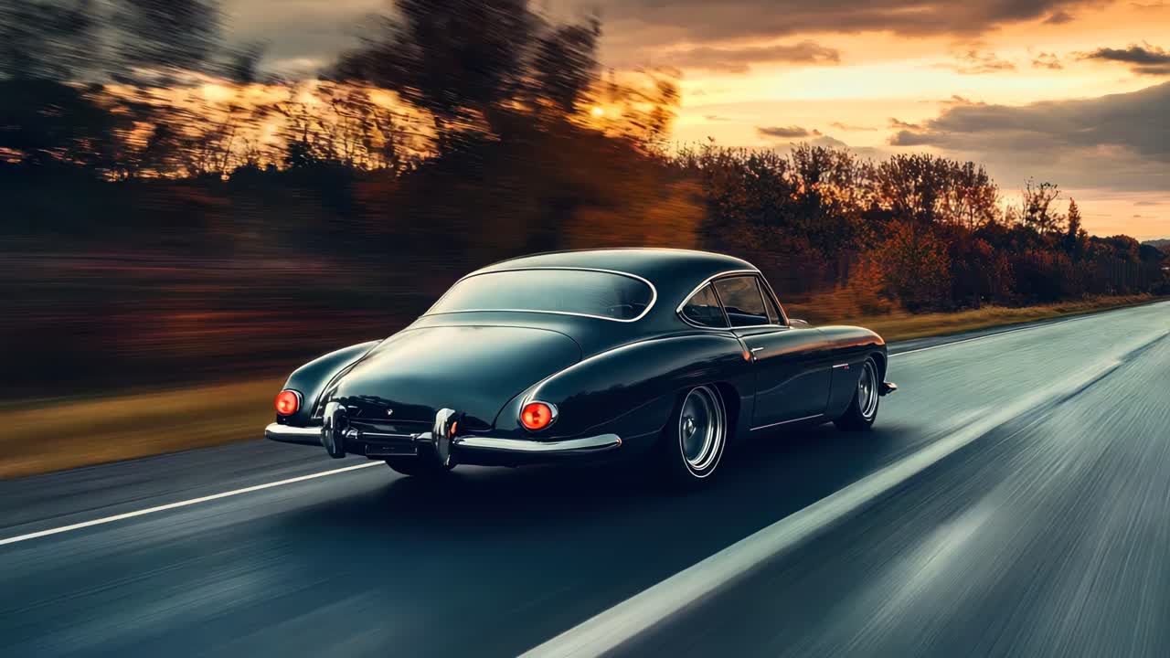 Un'auto d'epoca sfreccia su una strada deserta al tramonto, ripresa da una bassa angolazione posteriore
