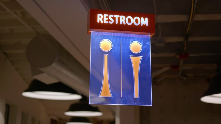 Filmato stock di un'insegna per servizi igienici dal design elegante, moderno e di lusso, illuminata da luci LED installate in alto sul soffitto, all'interno di un edificio industriale adibito a studio o sede di eventi con enormi lampade sullo sfondo.