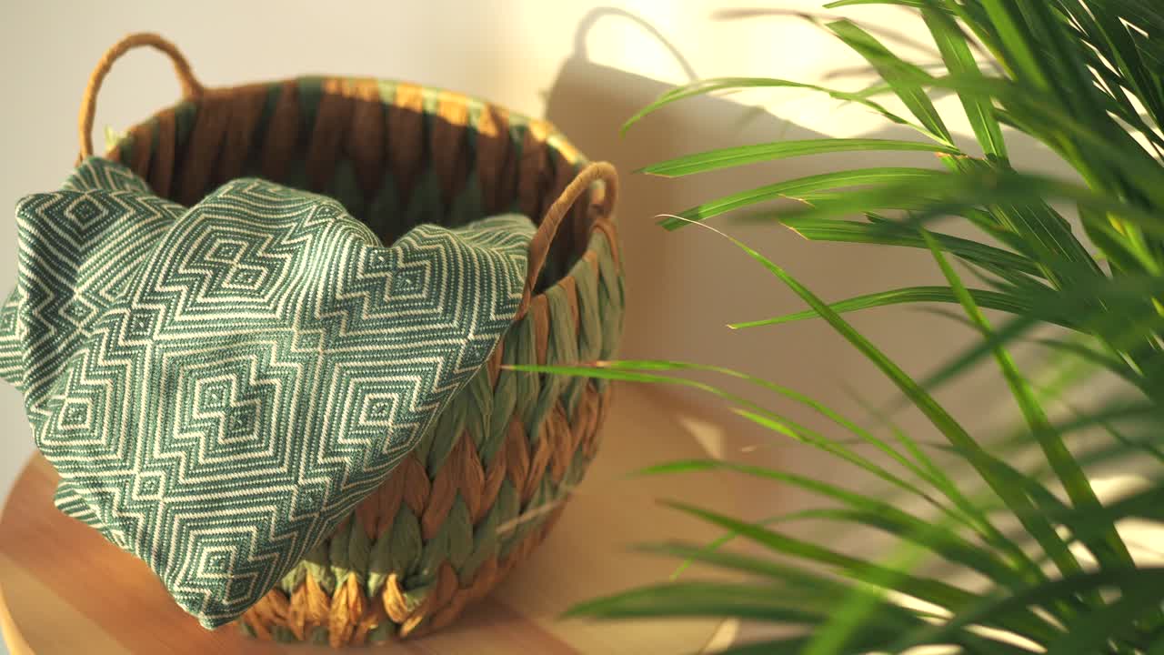 Basket with blanket and indoor plant