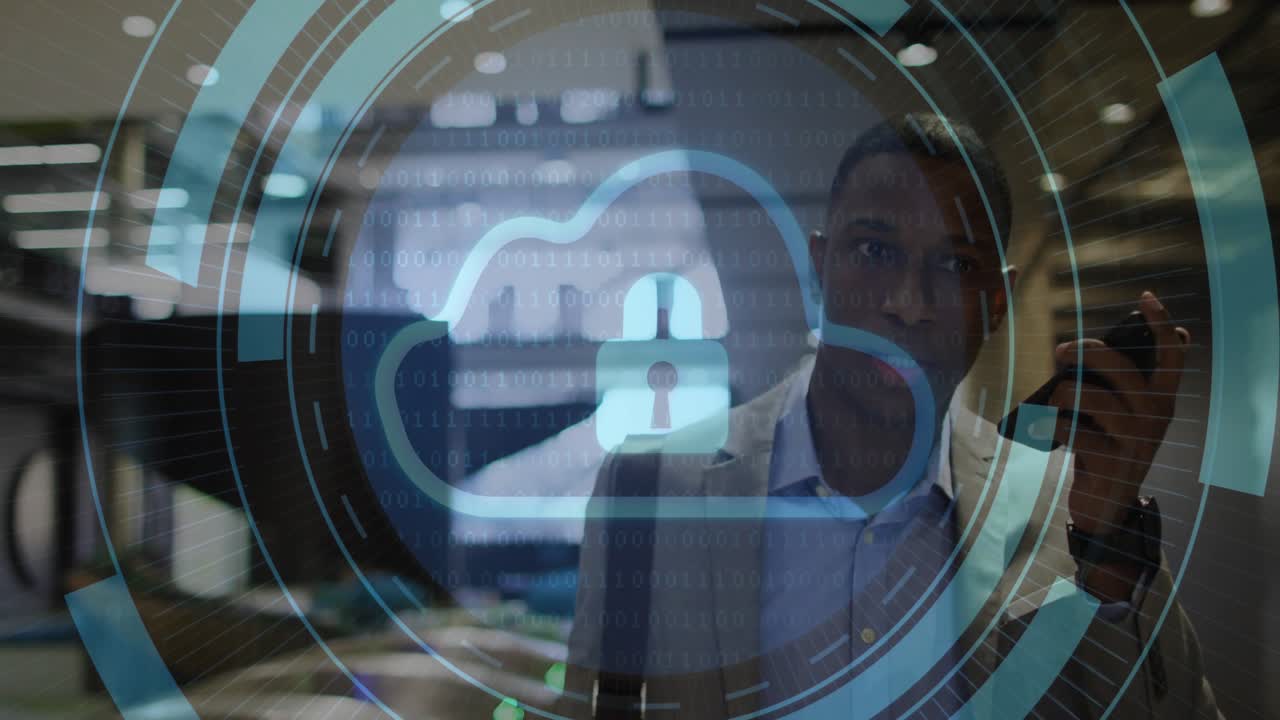 Business professional entering lobby tapping phone reader, activating secure access padlock overlay