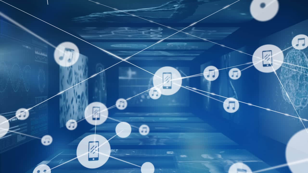 animación de una red de iconos digitales contra pantallas con procesamiento de datos médicos