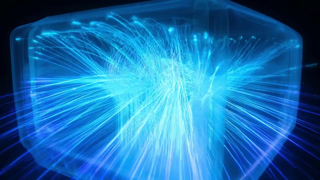Abstract Blue Light Rays Flowing in a Transparent Digital Cube