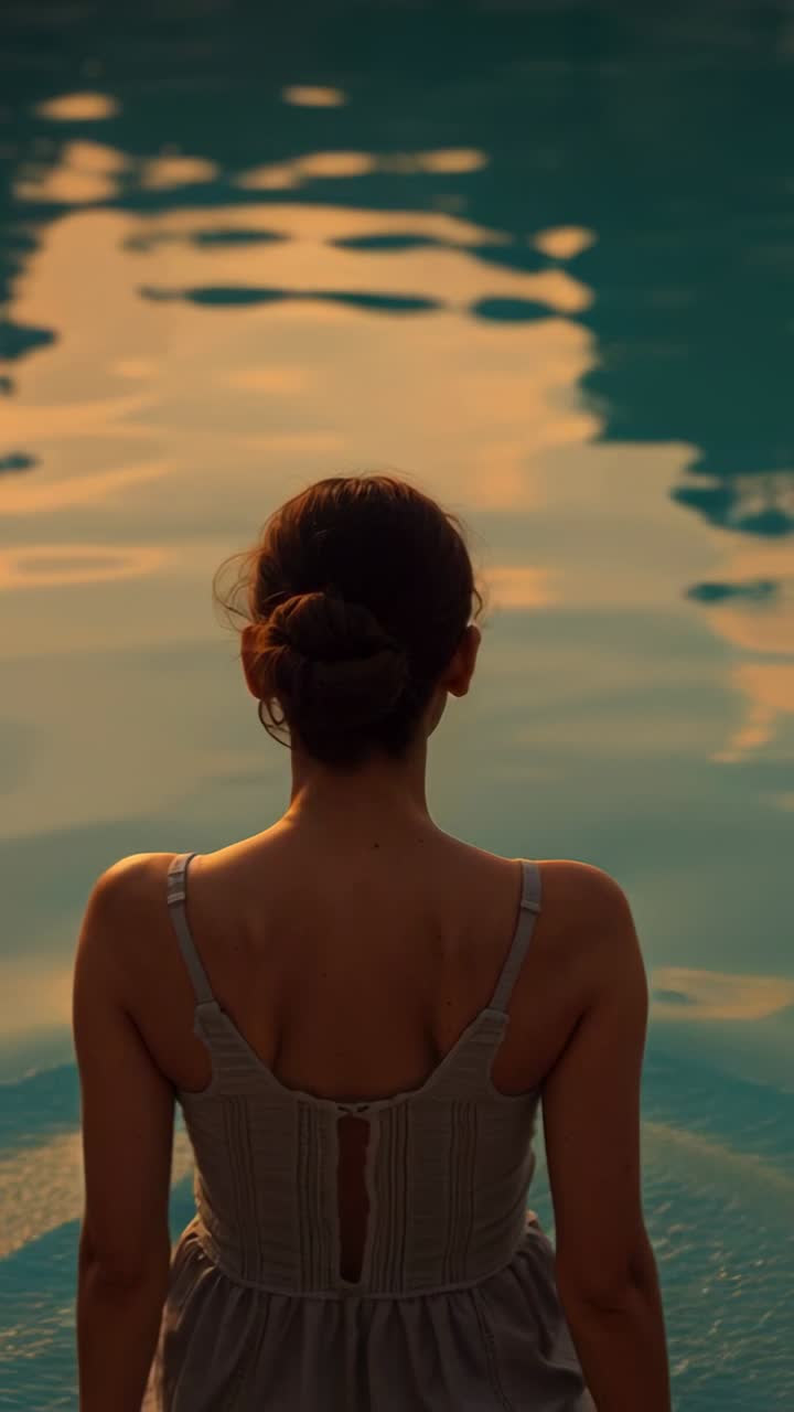 Vertical video: Sunset drawing woman in swimsuit lowering into pool, hands on edge, forming ripples
