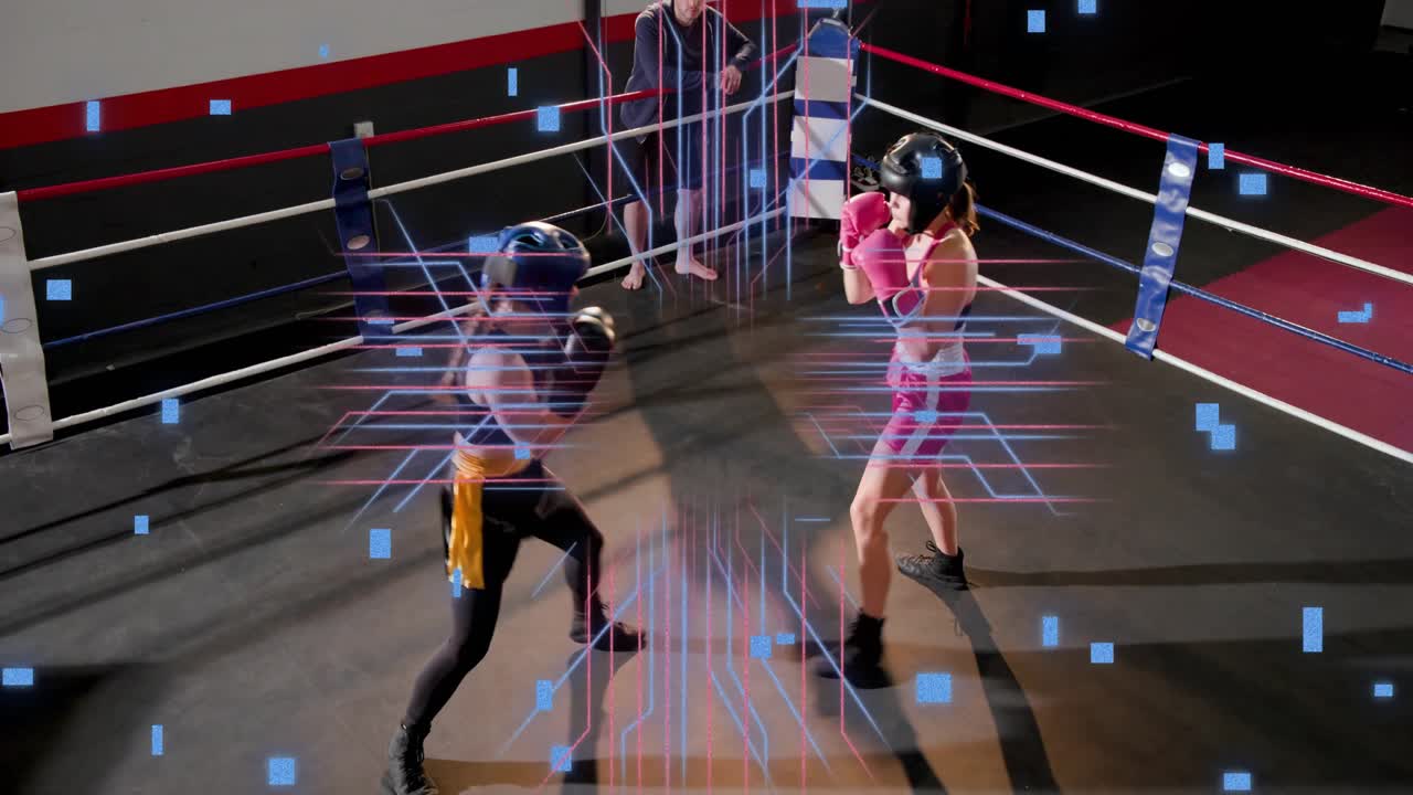 Female boxing duo sparring in ring trading jabs, circuit overlay after jab pulsing over fighters