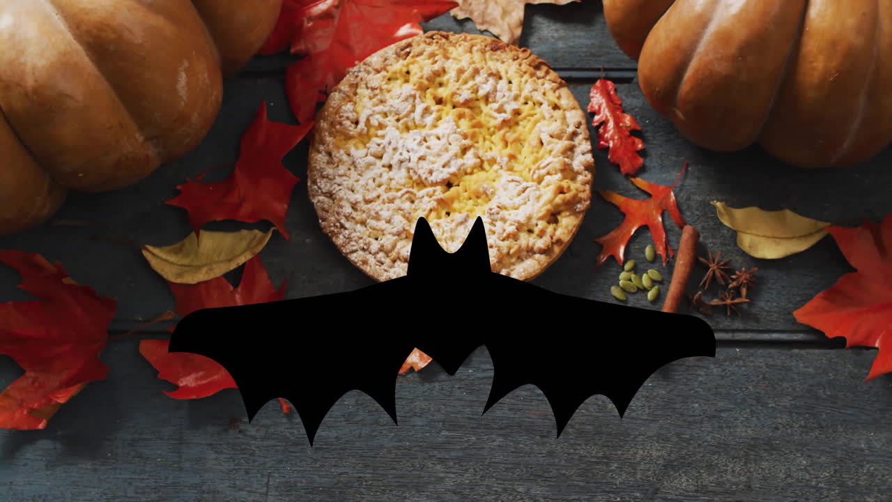 나무 배경 에 있는 가을 잎, 호박, 파이 위 의 박 애니메이션