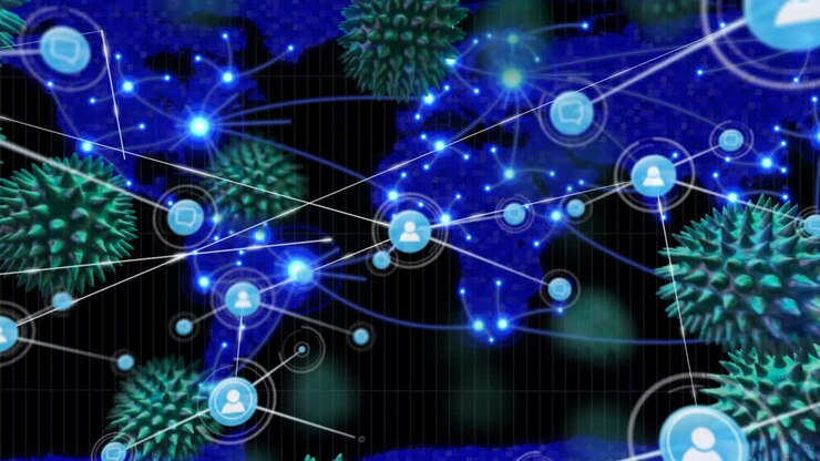 Animation of macro coronavirus Covid-19 cells spreading over network of connection with people icons