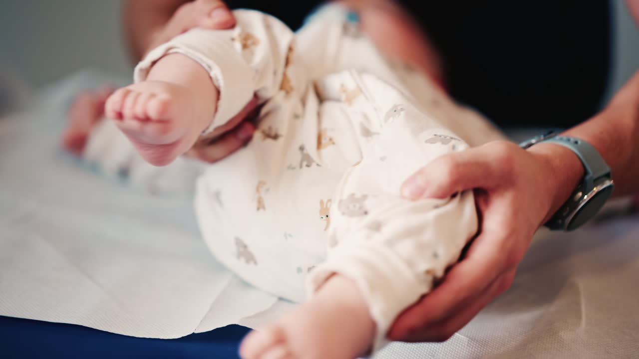 Close up of an infant's legs and feet while caregivers gently reposition the baby during a care or examination session