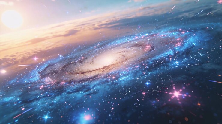 Panning camera revealing spiral galaxy rotating slowly in deep space, revealing arms and blue stars