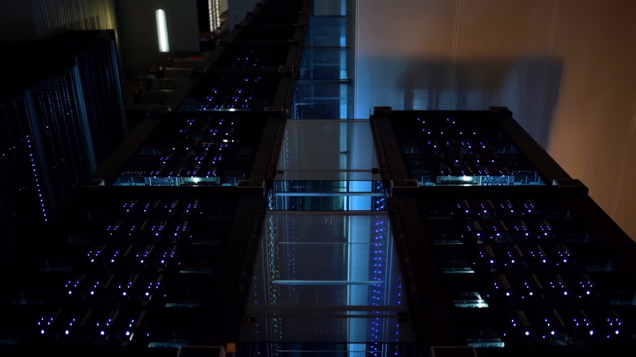 Rows of Server Racks with Glowing Blue Lights in a Modern Data Center