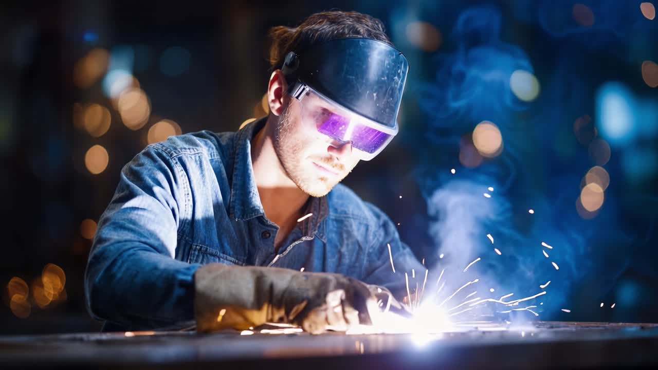 Skilled Welder Concentrating on Metalwork in a Dimly Lit Workshop with Sparks and Smoke Creating an Artistic Display of Light and Craftsmanship