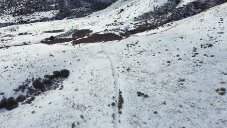 Aerial-View-of-Solitary-Person-Walking-on-Path-in-Rural-Snowy-Winter-Landscape