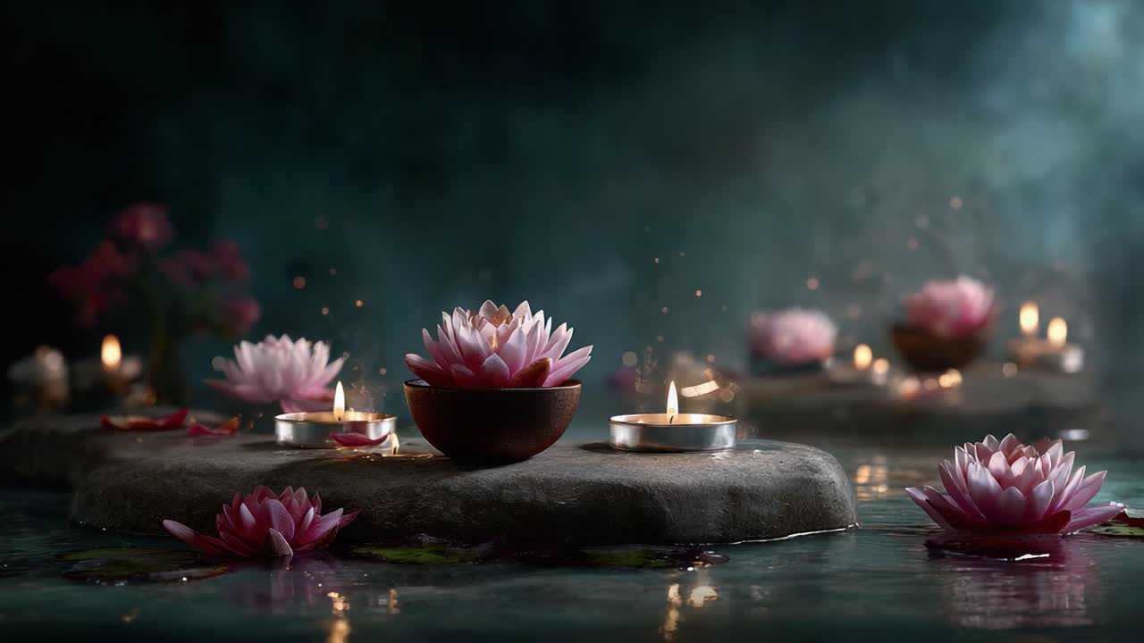 Composizione serena di ninfee con candele galleggianti in una piscina calma, che cattura tranquillità e bellezza naturale in un'atmosfera dolcemente illuminata.