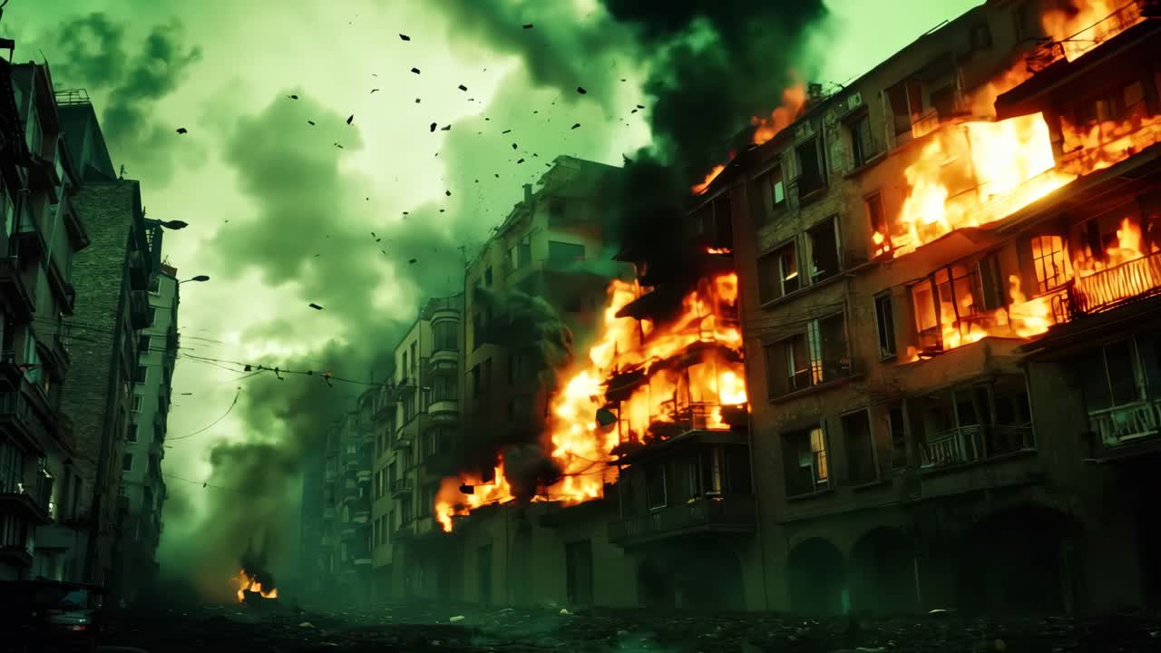 A large building on fire in the middle of a city