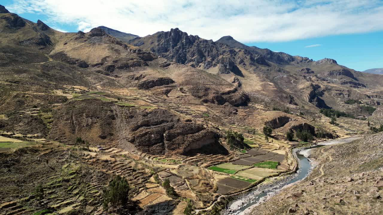 Cinematic 4K aerial pass over a farmer ploughing rich golden soil in the Peruvian Andes. The modern tractor contrasts against the timeless Inca terraces around it