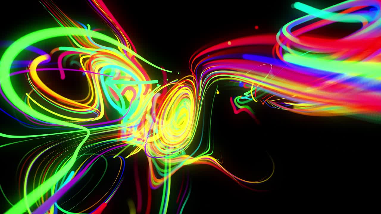 el flujo de fondo abstracto de las líneas de brillo. las partículas de luces en funcionamiento se forman en el espacio 3d brillando hermosas líneas curvas como una bola de cables quemándose con luz de neón. hermoso fondo creativo en bucle en 4k.