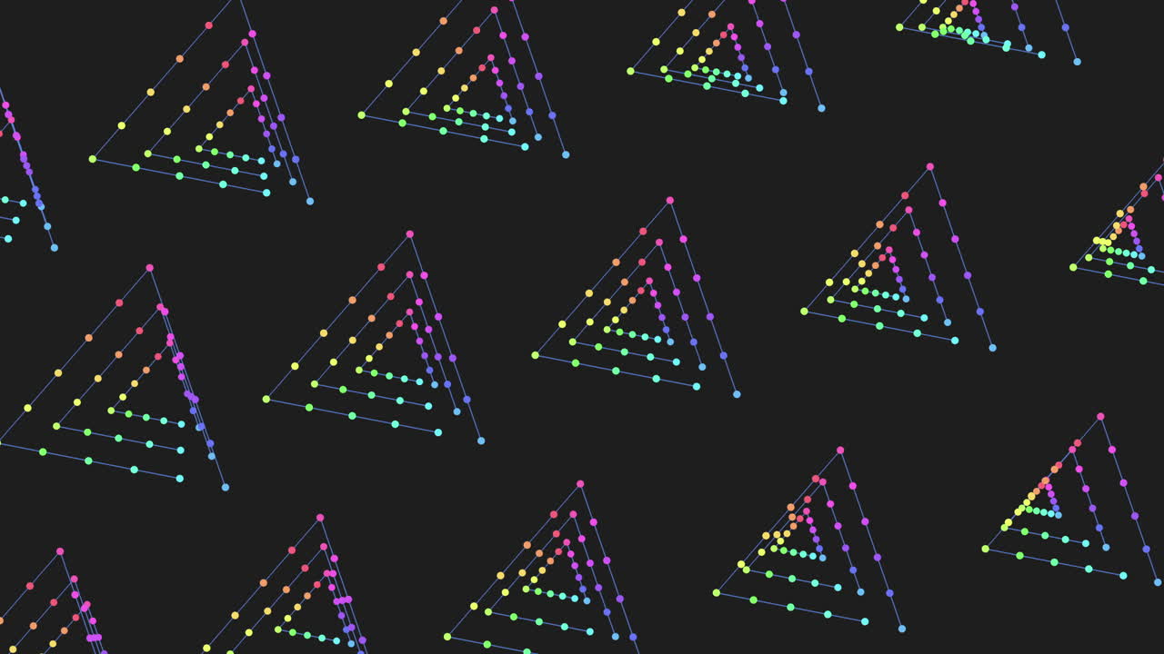 An artistic arrangement of colorful dots forming a triangular shape on a black background, with shades of purple, blue, and green creating an appealing pattern