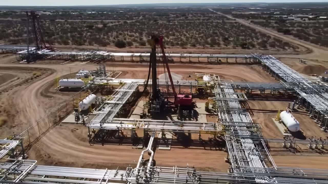 Overview of Drilling Operation in a Remote Landscape Showcasing Industrial Equipment and Infrastructure