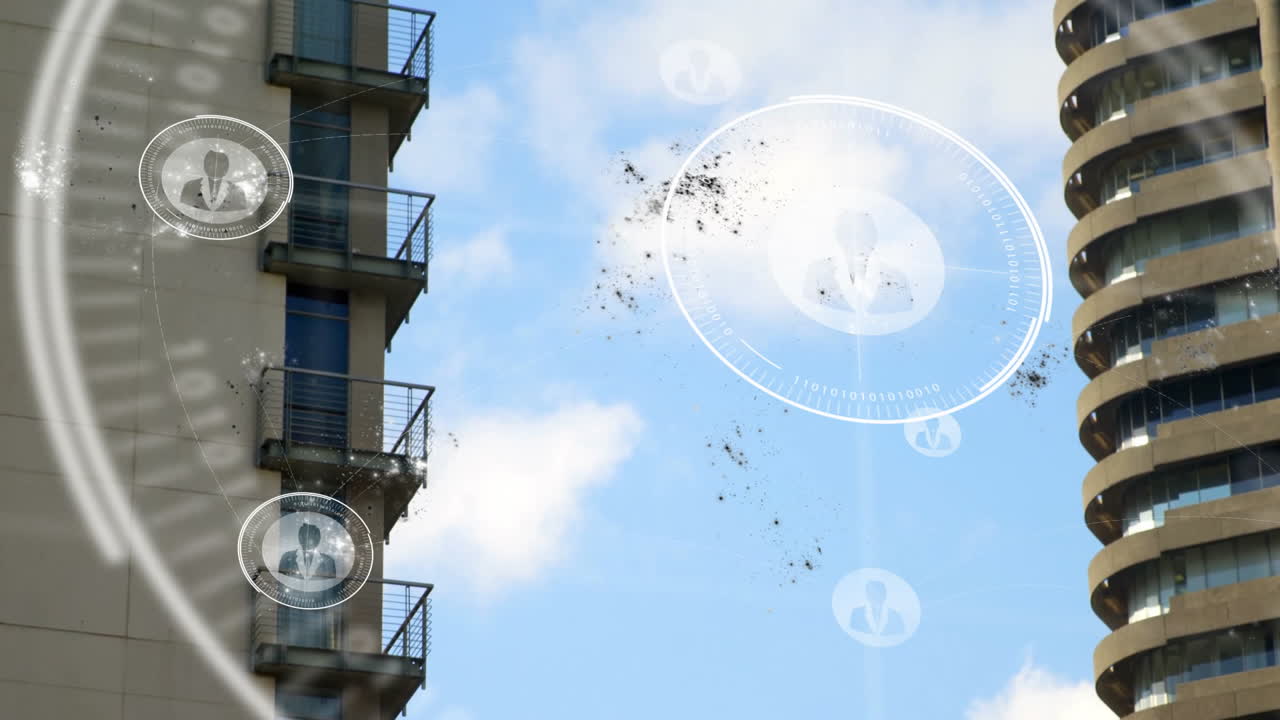 Animation of digital network icons overlaying urban buildings against blue sky