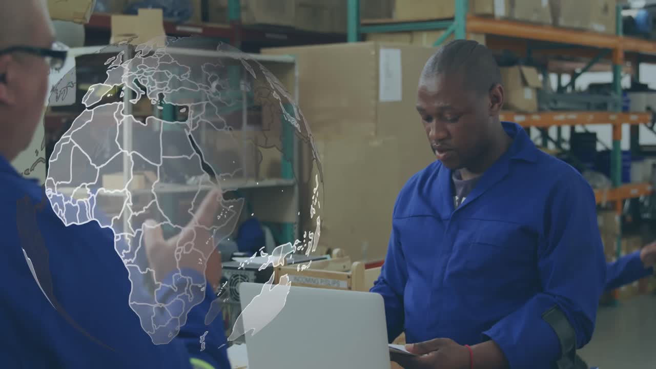 animación del globo sobre trabajadores afroamericanos en el almacén