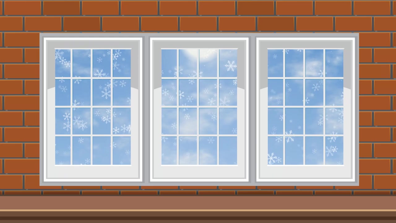 Cartoon snowflakes fall past a window set in a red brick wall under blue skies.