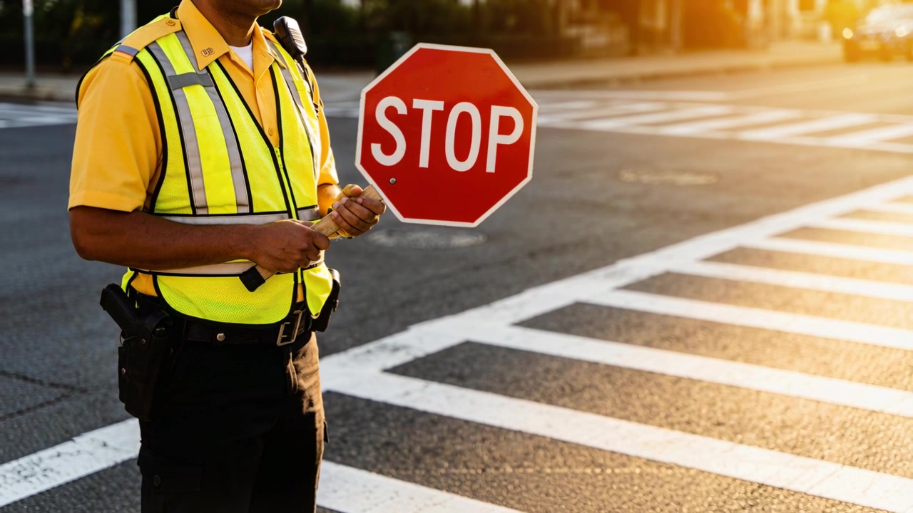 Holding STOP paddle, officer stopping traffic at urban crosswalk, reflective vest, copy space