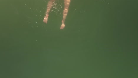 Toma-Aérea-Sobre-Una-Mujer-En-Traje-De-Baño-Bikini-Soplando-Un-Beso-Y-Nadando-En-Una-Hermosa-Superficie-De-Agua-Verde